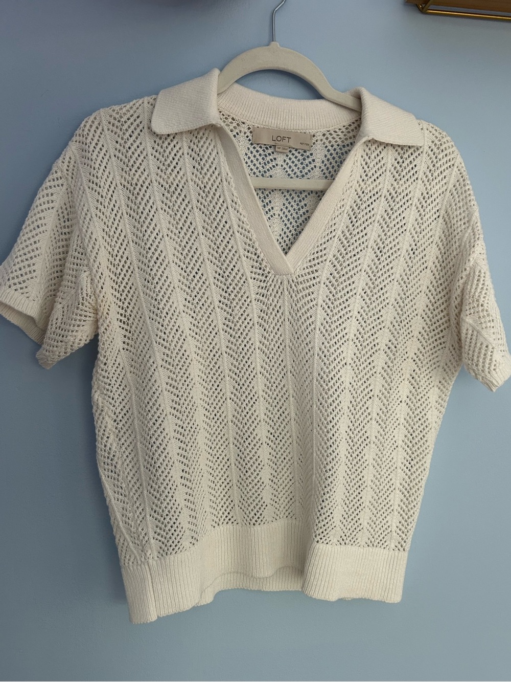 LOFT Ivory Open-Knit Polo Pullover